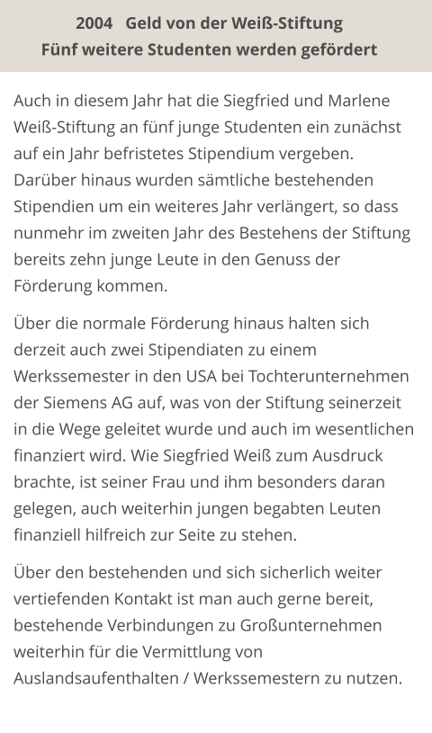 Auch in diesem Jahr hat die Siegfried und Marlene Weiß-Stiftung an fünf junge Studenten ein zunächst auf ein Jahr befristetes Stipendium vergeben. Darüber hinaus wurden sämtliche bestehenden Stipendien um ein weiteres Jahr verlängert, so dass nunmehr im zweiten Jahr des Bestehens der Stiftung bereits zehn junge Leute in den Genuss der Förderung kommen.   Über die normale Förderung hinaus halten sich derzeit auch zwei Stipendiaten zu einem Werkssemester in den USA bei Tochterunternehmen der Siemens AG auf, was von der Stiftung seinerzeit in die Wege geleitet wurde und auch im wesentlichen finanziert wird. Wie Siegfried Weiß zum Ausdruck brachte, ist seiner Frau und ihm besonders daran gelegen, auch weiterhin jungen begabten Leuten finanziell hilfreich zur Seite zu stehen.  Über den bestehenden und sich sicherlich weiter vertiefenden Kontakt ist man auch gerne bereit, bestehende Verbindungen zu Großunternehmen weiterhin für die Vermittlung von Auslandsaufenthalten / Werkssemestern zu nutzen. 2004   Geld von der Weiß-Stiftung Fünf weitere Studenten werden gefördert